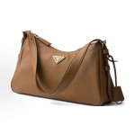 PRADA Aimee enamel metal triangular logo zipper opening and closing hand-held shoulder bag, medium-sized women\'s caramel brown